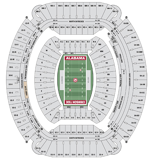 Seat map of Saban Field at Bryant-Denny Stadium with Ivory Club sections highlighted in tan and labeled Ivory Club