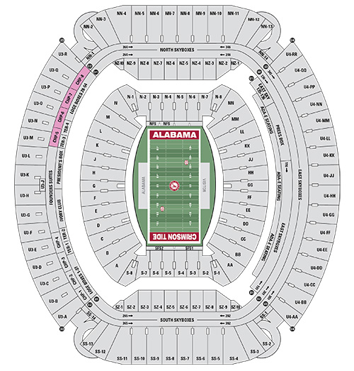 Seat map of Saban Field at Bryant-Denny Stadium with North Champions Club sections highlighted in pink with the prefix CHP