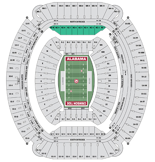 Seat map of Saban Field at Bryant-Denny Stadium with North Zone section highlighted in green with the prefix NZ