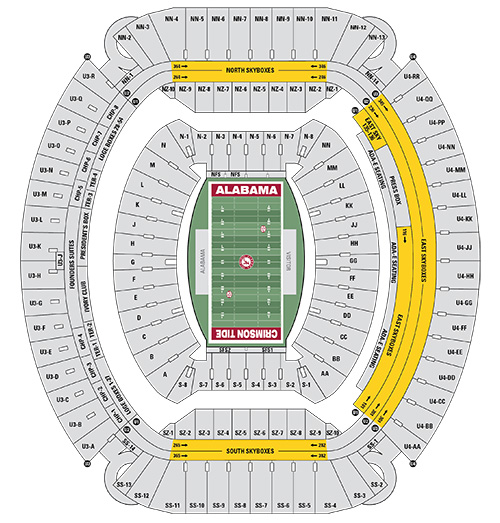 Seat map of Saban Field at Bryant-Denny Stadium with Skyboxes highlighted in yellow and labeled as Skyboxes