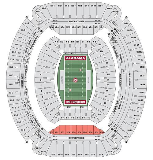 Seat map of Saban Field at Bryant-Denny Stadium with South Zone sections highlighted in pink with the prefix SZ