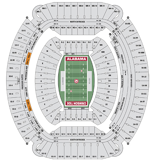Seat map of Saban Field at Bryant-Denny Stadium with Terrace Club sections highlighted in orange with the prefix TER
